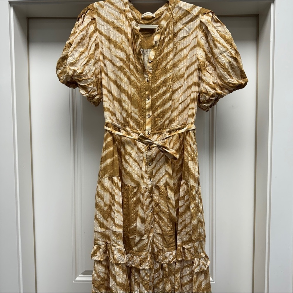 Ulla Johnson Magdalena Midi Dress Sand Tiger Print Puff Sleeves Ruffled - Picture 9 of 16